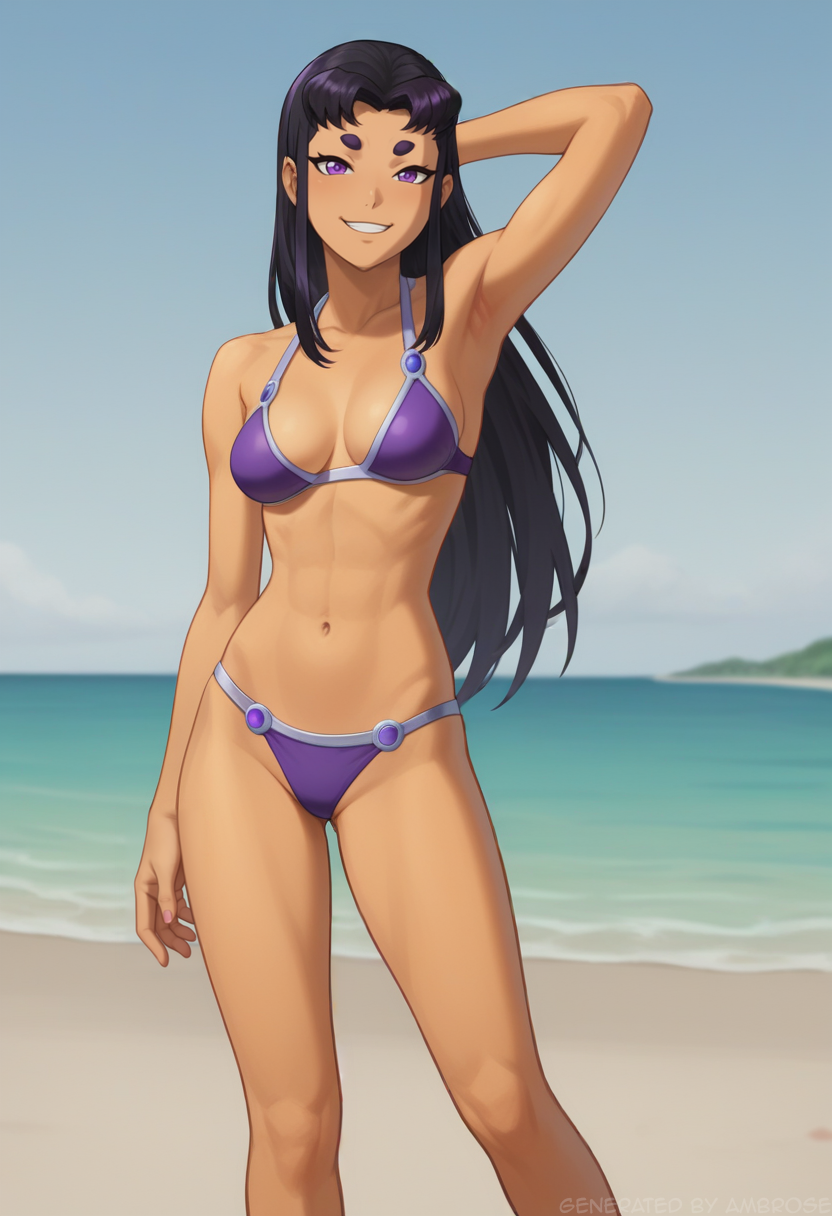 1girls ai_generated beach bikini black_hair blackfire hourglass_figure komand'r long_hair medium_breasts posing purple_eyes stable_diffusion tamaranean teen_titans thigh_gap