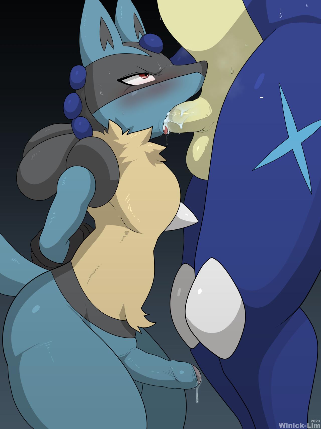 anthro balls blue_body blue_fur completely_nude_male cum cum_in_mouth cum_inside frog fucked greninja head_grab lucario male/male male_only mouth_penetrated nintendo nude_male penis penis_in_mouth pokemon pokemon_(species) pussy pussy_juice winick-lim