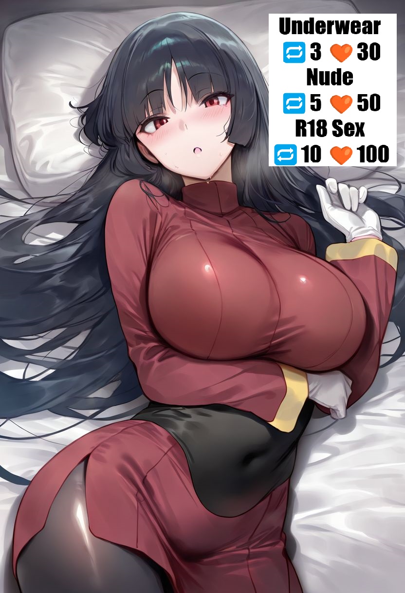 ai_generated arm_under_breasts bangs bed bed_sheet big_breasts black_bodysuit black_hair blunt_bangs blush bodysuit breasts clothing covered_navel curvaceous english_text female gloves huge_breasts large_breasts legwear long_hair long_sleeves looking_at_viewer lying on_back on_bed on_side open_mouth pantyhose pillow pokemon pokemon_(game) pokemon_character red_eyes red_skirt sabrina_(pokemon) skirt solo sweat text thick_thighs thighs very_long_hair white_gloves