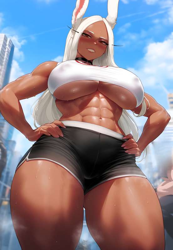 1girls, abs, ai generated, animal ears, creamy ai, dark skin, dark-skinned female, female, looking at viewer, looking down, miruko, muscular, muscular female, my hero academia, rumi usagiyama, solo, white hair