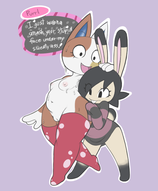 aintsmart ambiguous_gender animal_crossing breasts clothed clothing dumbun duo english_text eyelashes feline female lagomorph mammal nintendo nipples original original_character purrl_(animal_crossing) pussy rabbit simple_background sweat text video_games