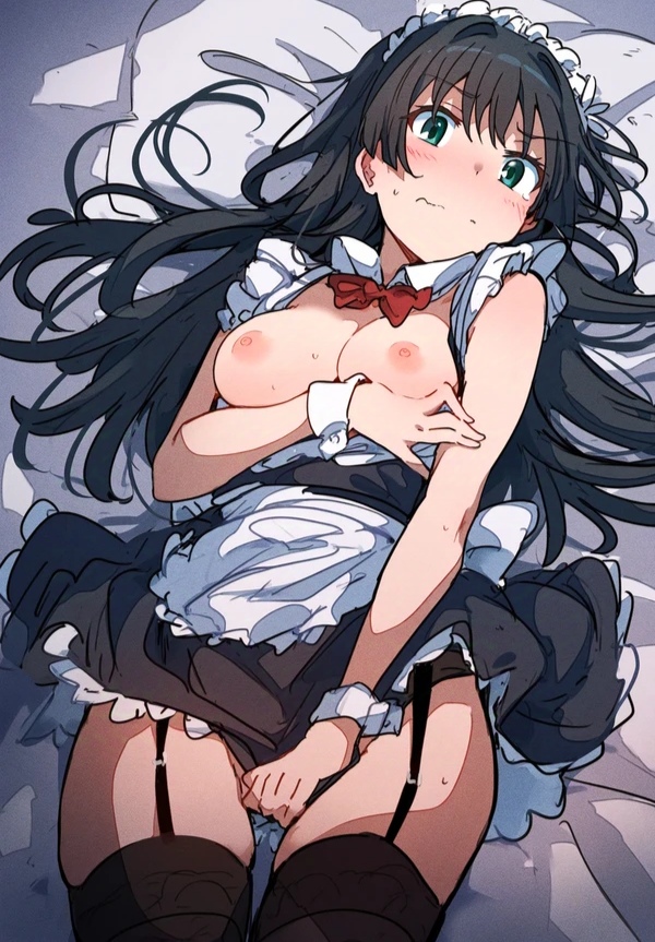 ai_generated bare_arms bare_shoulders bed bed_sheet black_hair black_thighhighs blush breasts breasts_out closed_mouth covering_pussy detached_collar embarrassed garter_belt garter_straps green_eyes karen02643 long_hair lying maid_headdress maid_uniform medium_breasts nipples no_bra no_panties open_clothes saten_ruiko skirt sweatdrop thighhighs thighs to_aru_kagaku_no_railgun to_aru_majutsu_no_index wrist_cuffs zettai_ryouiki