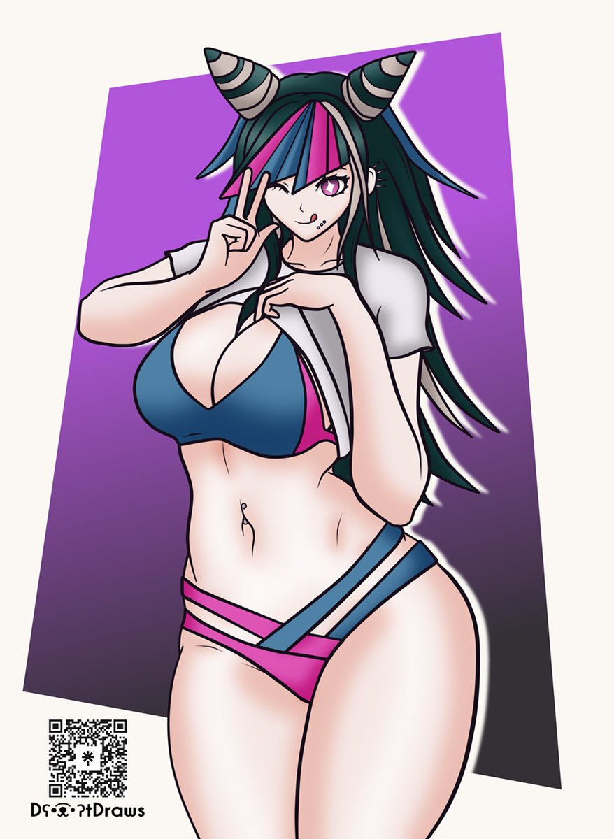 1girls big_ass big_breasts bikini black_hair curvy cute daatdraws danganronpa danganronpa_2:_goodbye_despair dyed_hair mioda_ibuki solo_female stripping swimsuit thick_thighs