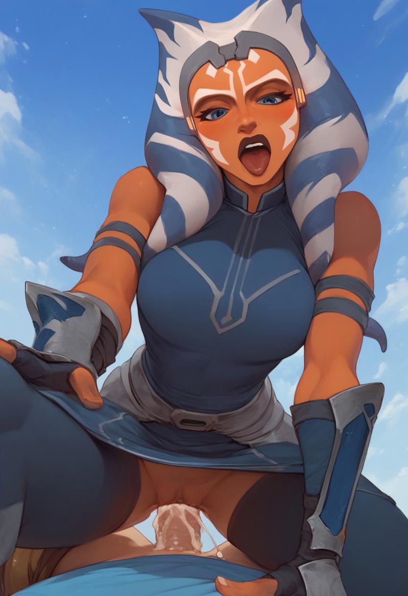 ahsoka_tano ai_generated artist_request beach blue_leggings blue_shirt blue_skirt cowgirl_sex cum cum_in_pussy fingerless_gloves grey_headband hip_armor huge_cock looking_at_viewer looking_down moaning motion_effect on_top open_mouth orgasm_expression pov rough_sex sleeveless slifer7 tongue_out vambraces