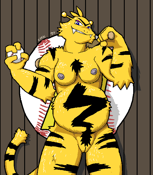 anthro ball baseball breasts chubby electabuzz feral furry grin kame_nu008 nintendo pokemon pussy