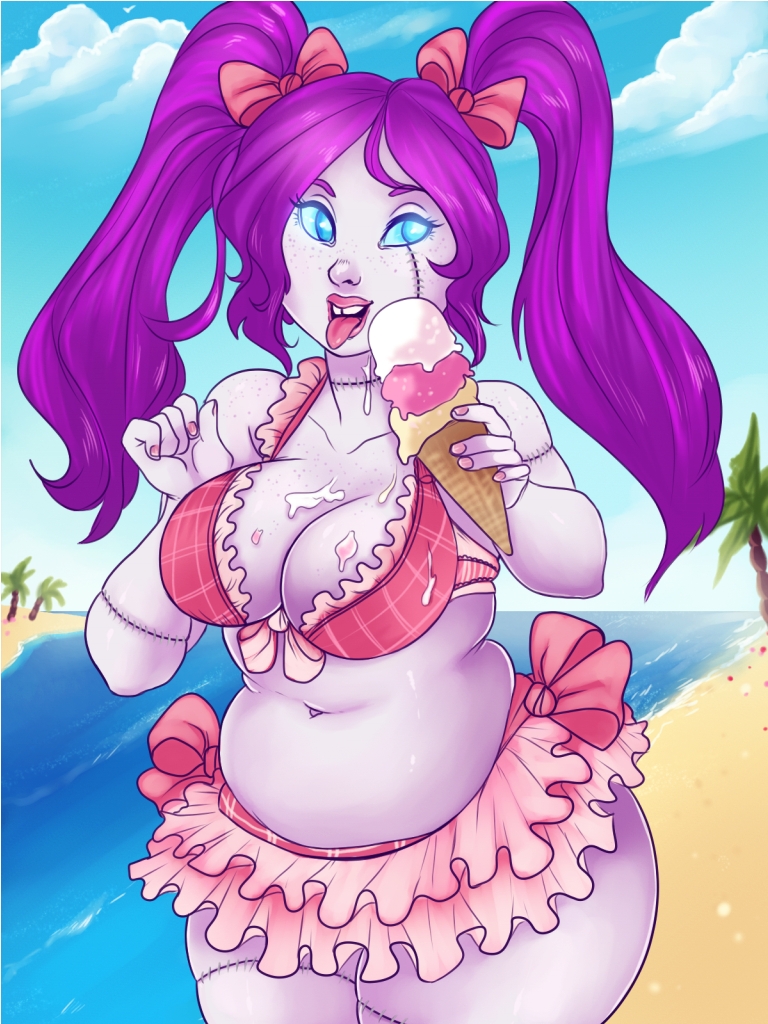 big_breasts blue_eyes breasts chubby forsaken freckles grey_skin miama purple_hair ribbon swimsuit thick_thighs wide_hips world_of_warcraft