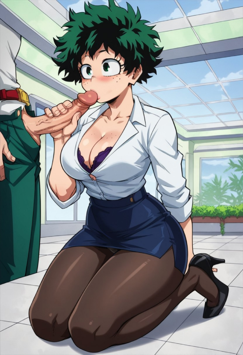 ai_generated background black_heels blowjob blush bra breasts dick edited female female_deku freckles girly green_eyes green_hair heels izuku_midoriya kissing_penis kneeling my_hero_academia nicol_futamech office_clothing office_lady office_shirt office_skirt office_uniform rule_63 shirt skirt