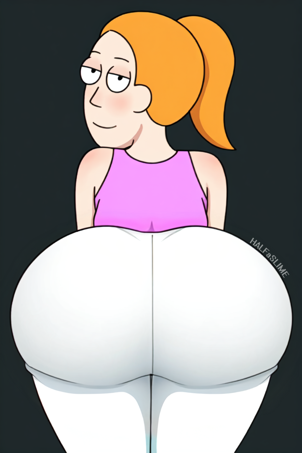 ai_generated ass clothed female grey_background halfaslime looking_at_viewer looking_back orange_hair pink_tank_top presenting_hindquarters rick_and_morty simple_background smile solo summer_smith thick_ass white_pants