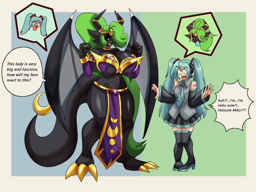 2girls anthro big_ass big_breasts blue_hair body_swap body_switch bodyswap claws dark_sclera dark_skin dragon female_only green_hair hatsune_miku height_difference larger_female text