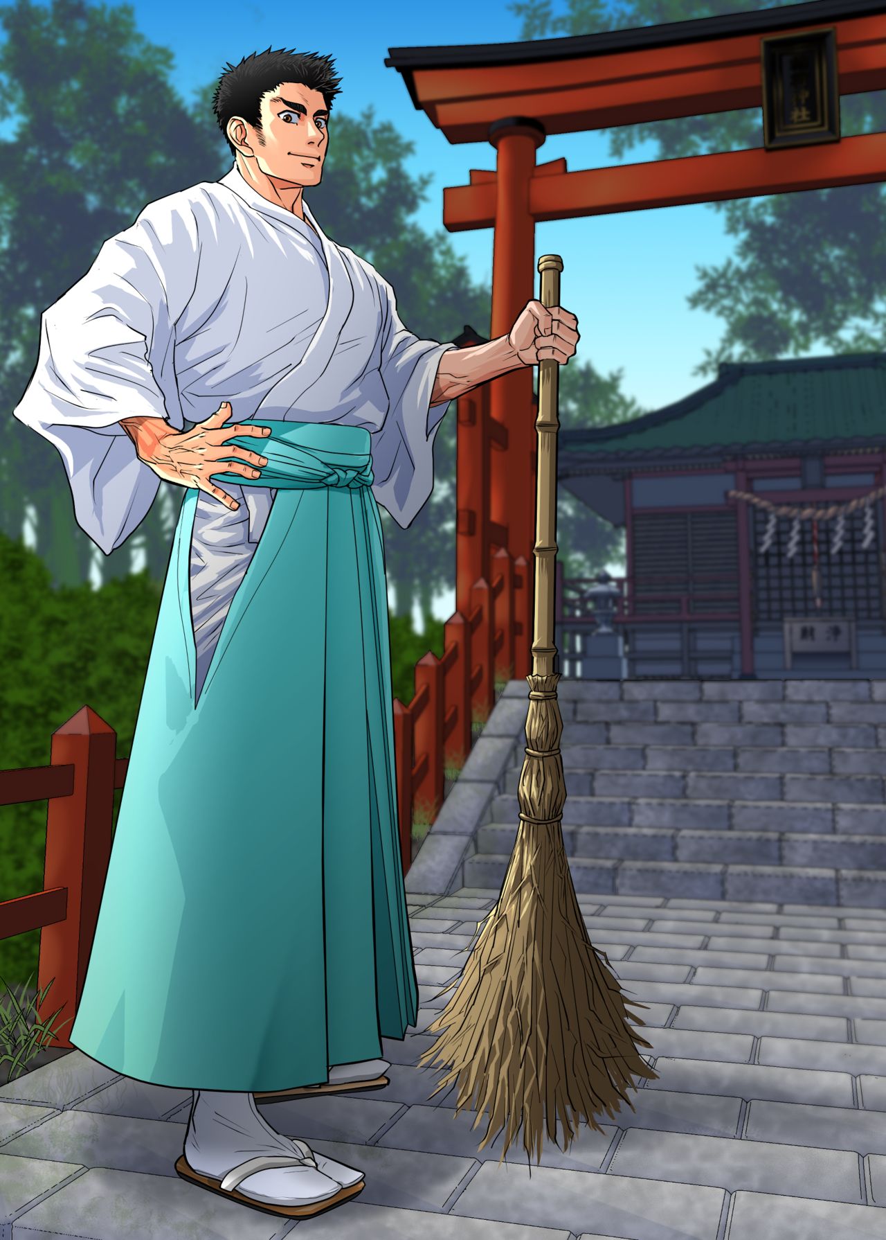 1boy ayukisa black_hair blurry_background broom brown_hair cyan_clothing fence forest gate geta grass hakama hand_on_hip hi_res holding_object japanese_clothes kimono looking_at_viewer male male_only mature_male morning original original_character outdoors priest sandals shadow shide shimenawa short_hair shrine smile smiling_at_viewer socks solo stairs standing stone_floor stone_stairs tabi thick_eyebrows torii veiny_arms veiny_hands white_clothing