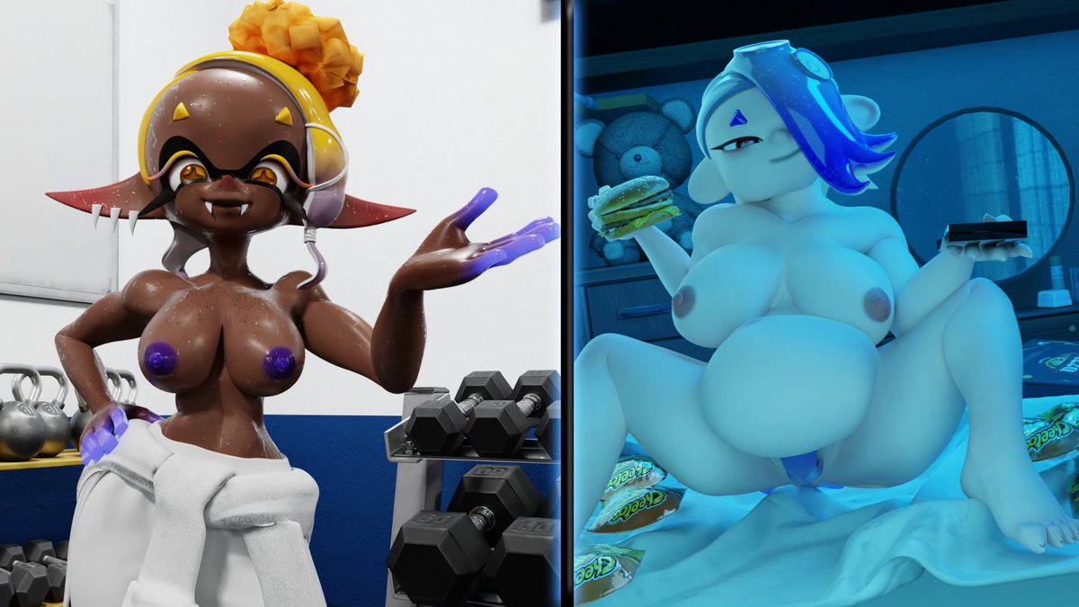 2girls bbw big_belly big_breasts breasts deep_cut_(splatoon) ebony elf_ears fangs frye_(splatoon) gym inkling inkling_girl lagami large_breasts nipples no_bra no_panties nude octoling octoling_girl purple_nipples shiver_(splatoon) short_hair splatoon_3 split_screen veronika_(splatoon) yellow_hair