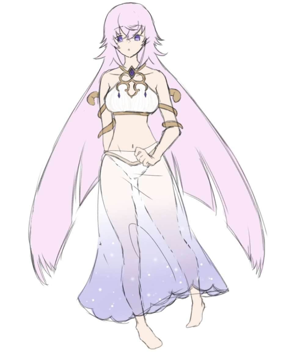 alternate_costume bad_id bad_twitter_id breasts female full_body grimms_notes long_hair long_skirt magic_mirror_(grimms_notes) open_mouth purple_gemstone purple_hair san_3332 see-through_clothes see-through_skirt simple_background sketch solo swimsuit white_background