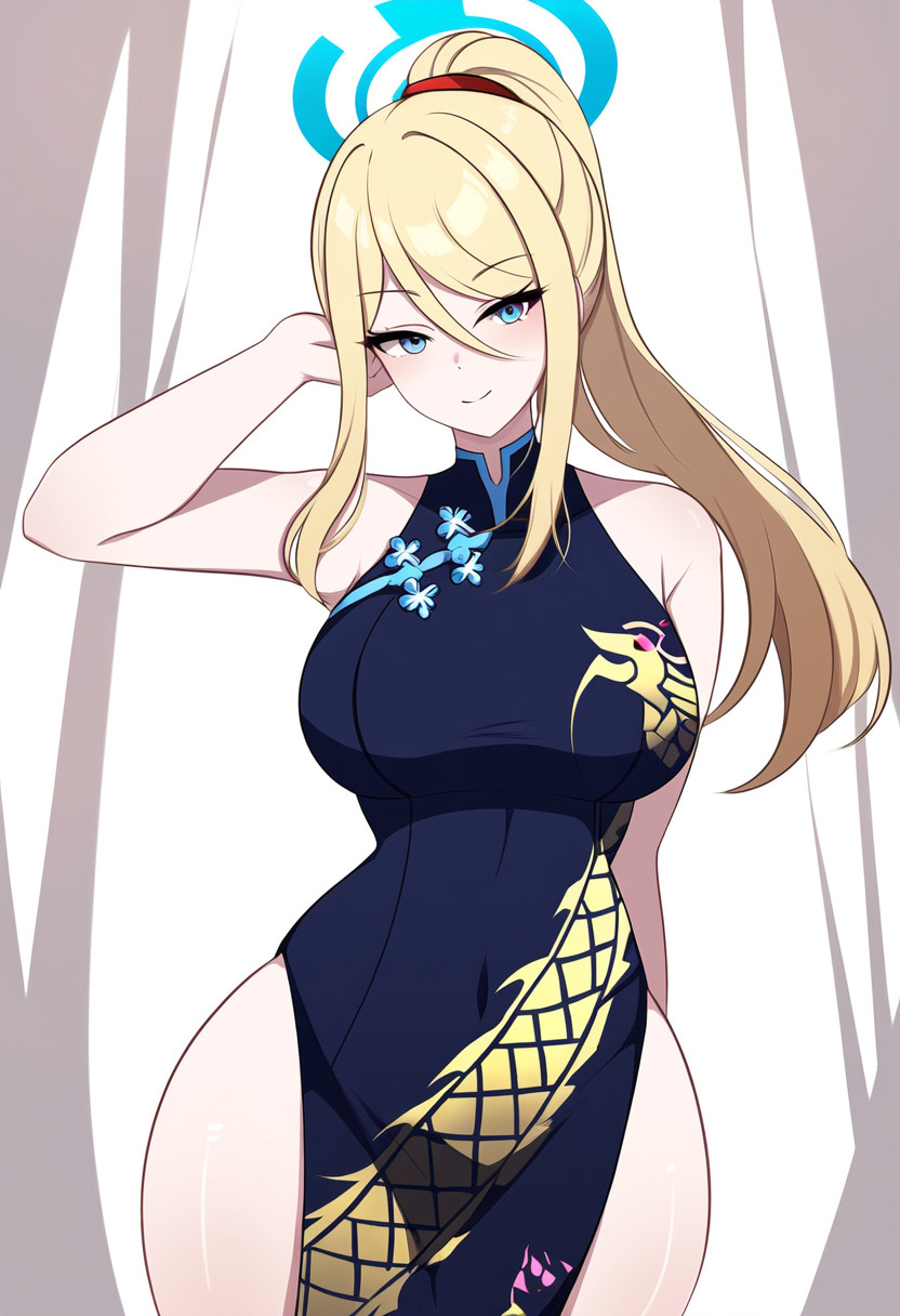 ai_generated beauty_mark big_breasts blonde_hair blue_archive blue_eyes breasts china_dress chinese_clothes cosplay eyebrows_visible_through_hair hand_on_head hands_behind_head kisaki_(blue_archive) kisaki_(blue_archive)_(cosplay) large_breasts looking_at_viewer metroid ponytail samus_aran shiny_skin smile thick_thighs thighs