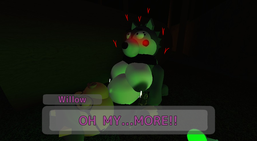 1boy 1boy1girl 1girls 3d big_breasts blush breasts completely_naked completely_nude cumflated_belly cumflation dialogue female furry furry_female furry_only glasses grey_areola grey_nipples hearts_around_head male male/female piggy_(game) pony_(piggy) potion potion_bottle roblox roblox_game text text_box willow_(piggy) wolf wolf_ears wolf_girl zoe3477