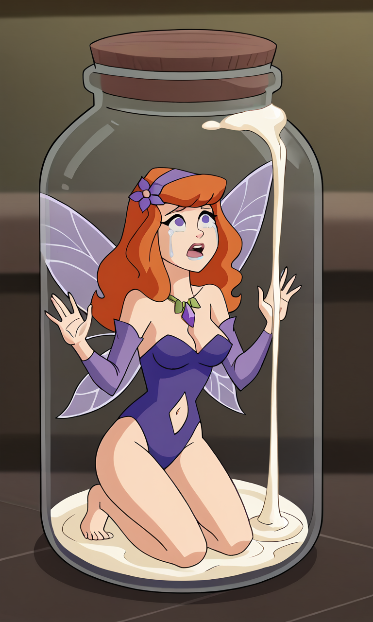 ai_generated ass bigmic145 breasts cartoon_network cum cum_jar cum_jar_(meme) cumjar daphne_blake daphne_blake_(mystery_incorporated) fairy fairy_wings feet jar leotard red_hair restrained scooby-doo scooby-doo!_mystery_incorporated sexually_suggestive