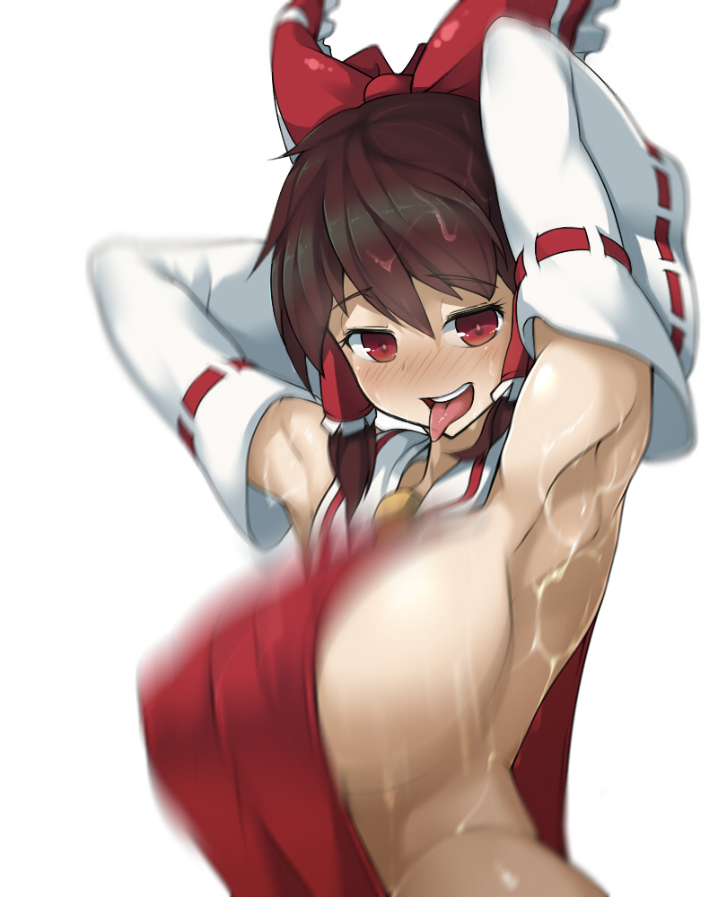 armpits, blush, bouncing breasts, breasts, cleavage, erect nipples, female, female only, huge breasts, looking at viewer, nipples, open mouth, reimu hakurei, sideboob, sinensian, solo, tongue, tongue out, touhou
