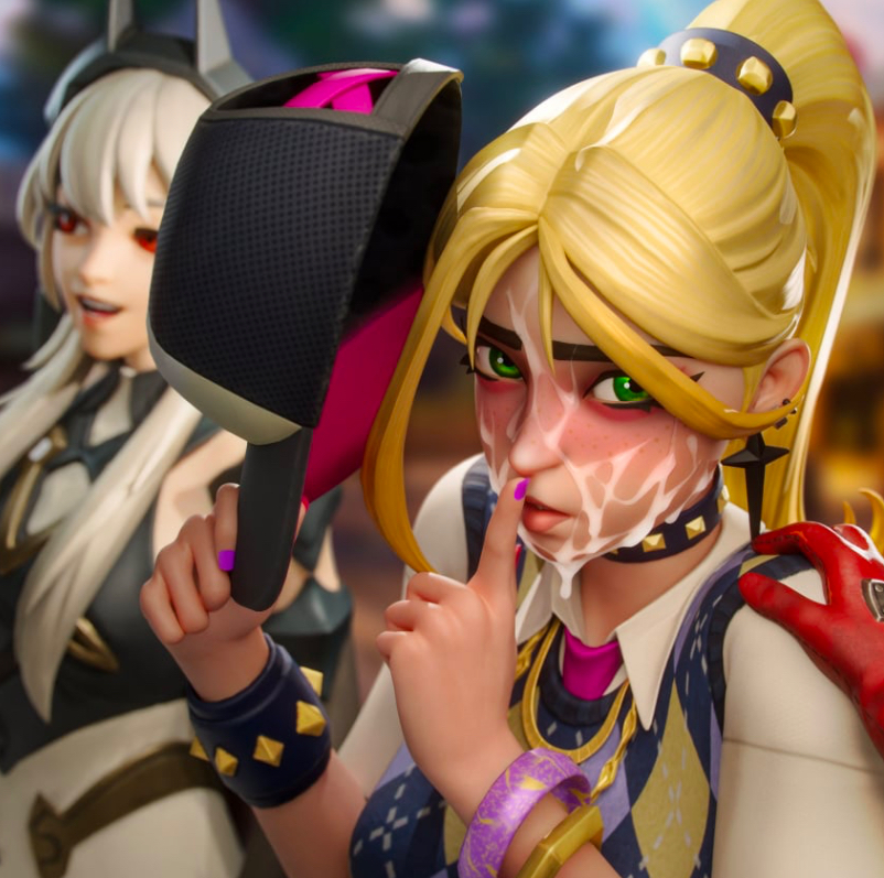 2girls 3d blonde_hair clothed cum_on_face eclair_stones fortnite green_eyes helsie_(fortnite) lexa_(fortnite) princess_lexa_(fortnite) tagme