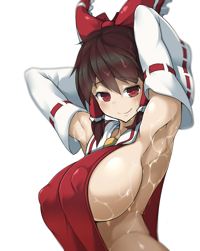 1girls, armpits, arms behind head, big breasts, breasts, busty, cleavage, female, female only, huge breasts, looking at viewer, nipples, pose, posing, reimu hakurei, sensual, sexy armpits, sideboob, sinensian, smile, solo, touhou
