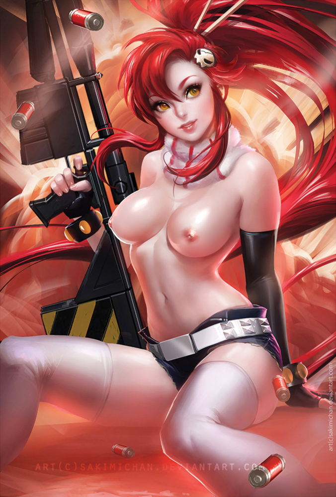 1girls, breasts, female, female only, gloves, hair ornament, large breasts, navel, nipples, red hair, sakimichan, scarf, shorts, sitting, sniper rifle, solo, tengen toppa gurren lagann, thighhighs, topless, weapon, yellow eyes, yoko littner