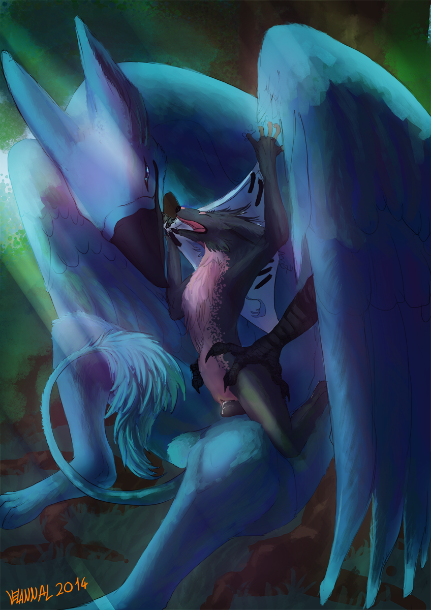 2014 anthro anthro_on_feral ashen avian balls beak bird blue_jay clinging cum cum_in_pussy cum_inside female feral gryphon insertion interspecies large_insertion male open_mouth penetration penis pussy size_difference stomach_bulge velannal zoophilia