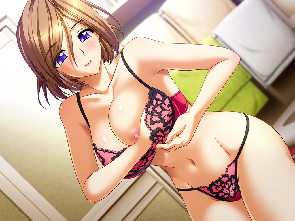 adjusting_bra areola_slip bathroom blush bra breast_grab breasts brown_hair chijoku_no_seifuku collarbone dressing dutch_angle female g-string game_cg hand_in_another's_panties hand_in_bra highres indoors large_breasts legs lingerie looking_down milf mizushima_oonari mound_of_venus navel nipple_slip panties purple_eyes red_lingerie shiny shiny_skin short_hair smile solo standing thighs tokuzawa_akemi underwear