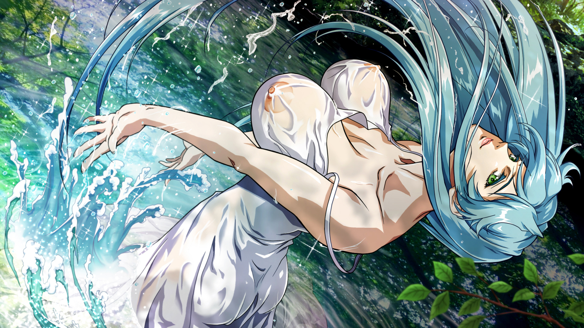 arched back, ass, bare shoulders, blue hair, bouncing breasts, breasts, character request, collarbone, dress, dutch angle, erect nipples, eyelashes, eyeshadow, female, from behind, green eyes, highres, iconic field, large breasts, leaning back, lips, long hair, looking at viewer, makeup, nature, nipples, no bra, nolia, outdoors, revision, see-through, sleeveless, sleeveless dress, solo, spaghetti strap, splashing, standing, strap slip, very long hair, wading, wallpaper, water, water drop, wet, wet clothes, wet hair, white dress