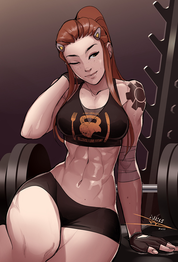 2d abs blizzard_entertainment bra brigitte brigitte_lindholm clothed female female_only fit freckles hourglass_figure medium_breasts muscles muscular muscular_female overwatch shorts solo tattoo toned vashito vashperado