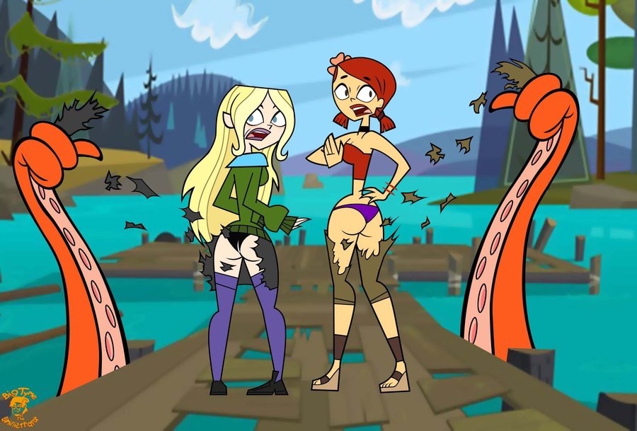 2girls, ass, assisted exposure, blonde hair, dawn (tdi), embarrassment, exposed ass, exposed panties, female, ginger, hourglass figure, human, humanoid, panties, red hair, ripped clothing, squid, stripped by tentacles, tentacle, torn clothes, torn pants, total drama island, total drama: revenge of the island, underwear, zoey (tdi)