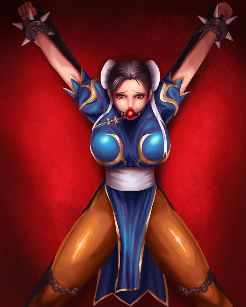 against wall, arms up, ball gag, black hair, bondage, bound, bound ankles, bound wrists, bracelet, breasts, brown eyes, brown hair, bun cover, capcom, chains, chun-li, double bun, female, female only, fully clothed, gag, gagged, hair bun, huge breasts, human, loincloth, looking at viewer, pantyhose, saint andrew's cross, sash, shackles, solo, spiked bracelet, spread arms, spread eagle, spread legs, standing, street fighter, street fighter ii, svoidist, video games, x frame