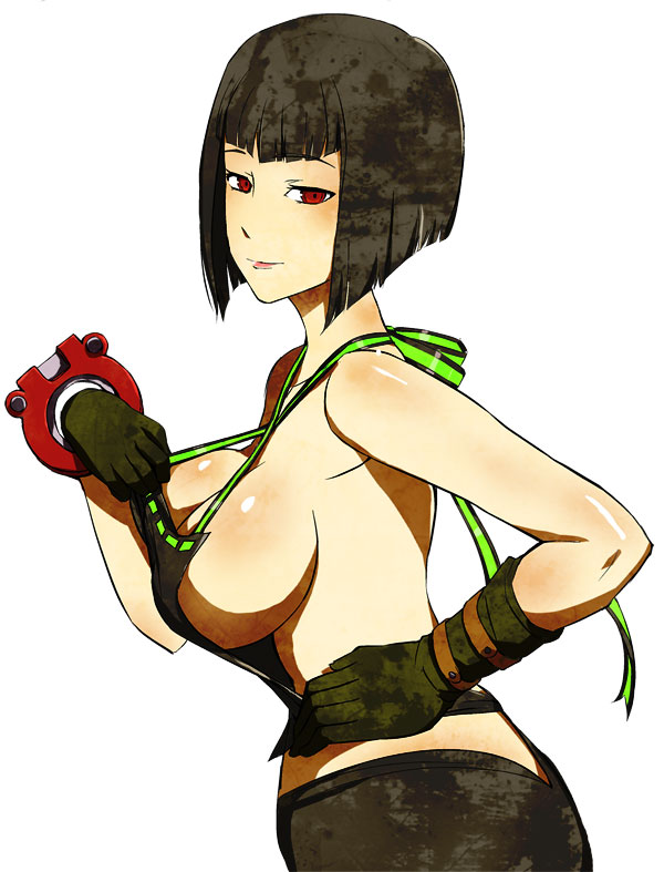 bangs bare_shoulders black_hair blunt_bangs bob_cut breasts female fura gloves god_eater god_eater_burst looking_back red_eyes short_hair sideboob solo tachibana_sakuya