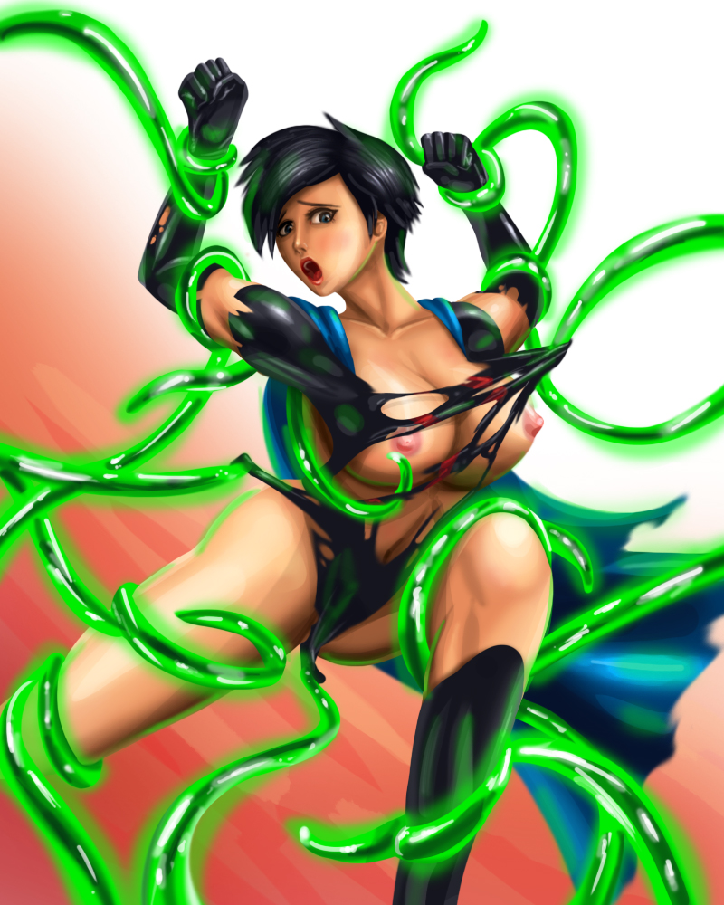 black_hair blue_eyes breasts cape cheryl_kent cir-el dc fist huge_breasts interspecies kryptonite navel nipples open_mouth restrained restrained_by_tentacles short_hair simple_background stripped_by_tentacles superman_(series) svoidist tentacle tentacle_rape tentacles_around_arms tentacles_around_legs torn_bodysuit torn_clothes