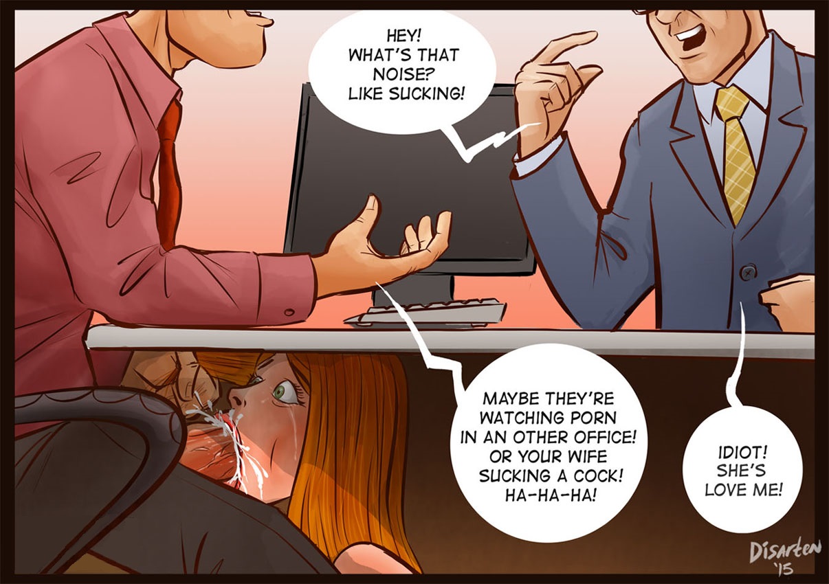 1girls, 2boys, almost caught, blowjob, cheating, cum, disarten, erect penis, fellatio, female, hair, hair pull, male, netorare, oral, orange hair, penis, stealth fellatio, stealth sex, tears, under desk, wide eyed, wife