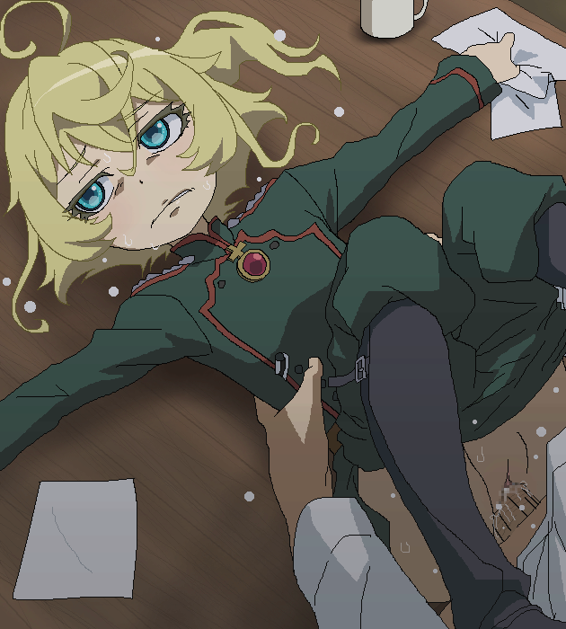 1boy 1girls ahoge aliasing annoyed_expression bangs blonde_hair blue_eyes boots canon_genderswap censored clothed_sex emotionless expressionless female flat_chest hair_between_eyes human little_girl long_sleeves lying military_uniform missionary mosaic_censoring mug on_back pants pants_pull penis petite petite_body petite_female pussy pussy_juice sex short_girl solo_focus straight sweat tanya_degurechaff tomu_(tomubobu) vaginal_penetration wet youjo youjo_senki