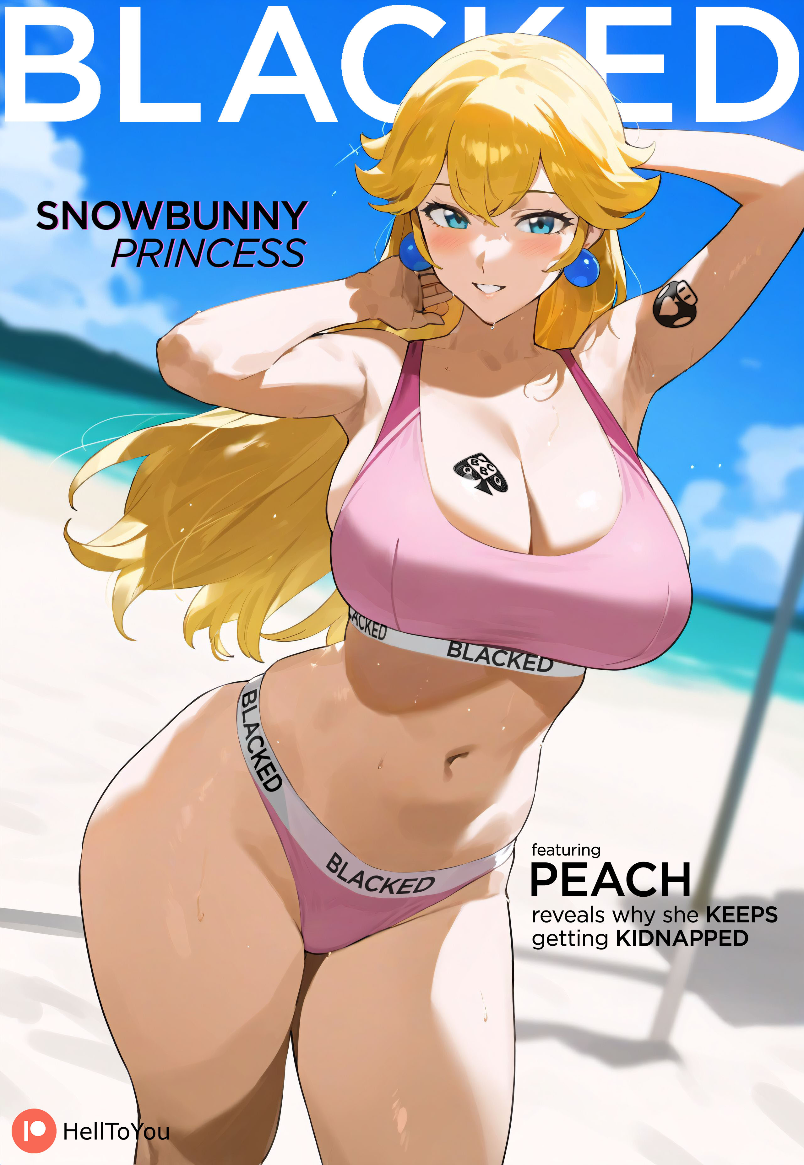 1girls, ai generated, beach, big breasts, blacked, blacked clothing, blonde hair, breasts, english text, female, helltoyou, interracial, magazine, magazine cover, mario (series), nintendo, princess peach, qos, qos tattoo, queen of spades, snowbunny, spade tattoo