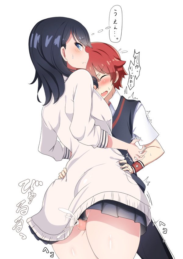 1boy, 1boy1girl, 1boy1girls, 1boys1girls, 1girls, ass, assertive female, black hair, black pants, black skirt, blue eyes, blush, breasts, cardigan, censored, closed eyes, collared shirt, commentary request, couple, cum, ejaculation, erection, female, gridman universe, hand on another's waist, hibiki yuuta, highres, hug, japanese text, long hair, long sleeves, looking back, male, medium breasts, miniskirt, mosaic censoring, pants, penis, pleated skirt, red hair, rubbing, school uniform, sex, shirt, short guy, short sleeves, skirt, sleeves rolled up, sound effects, speech bubble, ssss.gridman, standing, standing sex, straight, sweatdrop, sweater, takarada rikka, takimoto yukari, tall female, taller female, thick thighs, thigh sex, thighs, thought bubble, translation request, unamused, vest, waistcoat, white background, white cardigan, white shirt, white sweater, wing collar
