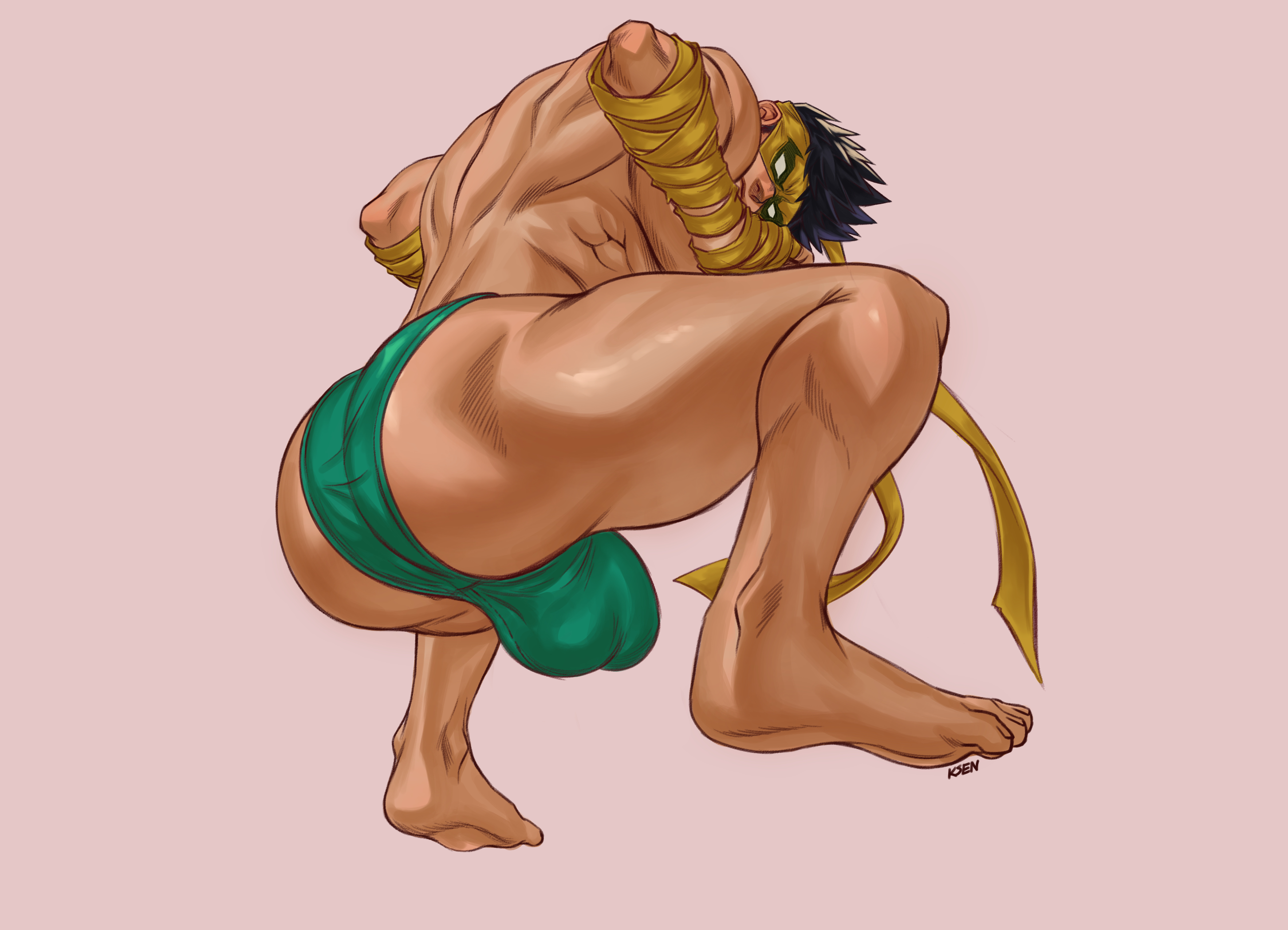 1boy, abs, ass, bara, barefoot, biceps, bulge, feet, hi res, iron fist, iron fist (marvel rivals), k sen212, lin lie, male, male focus, male only, marvel, marvel comics, marvel rivals, muscular, muscular male, muscular thighs, simple background, solo, solo male, squatting, thighs, thong, yaoi