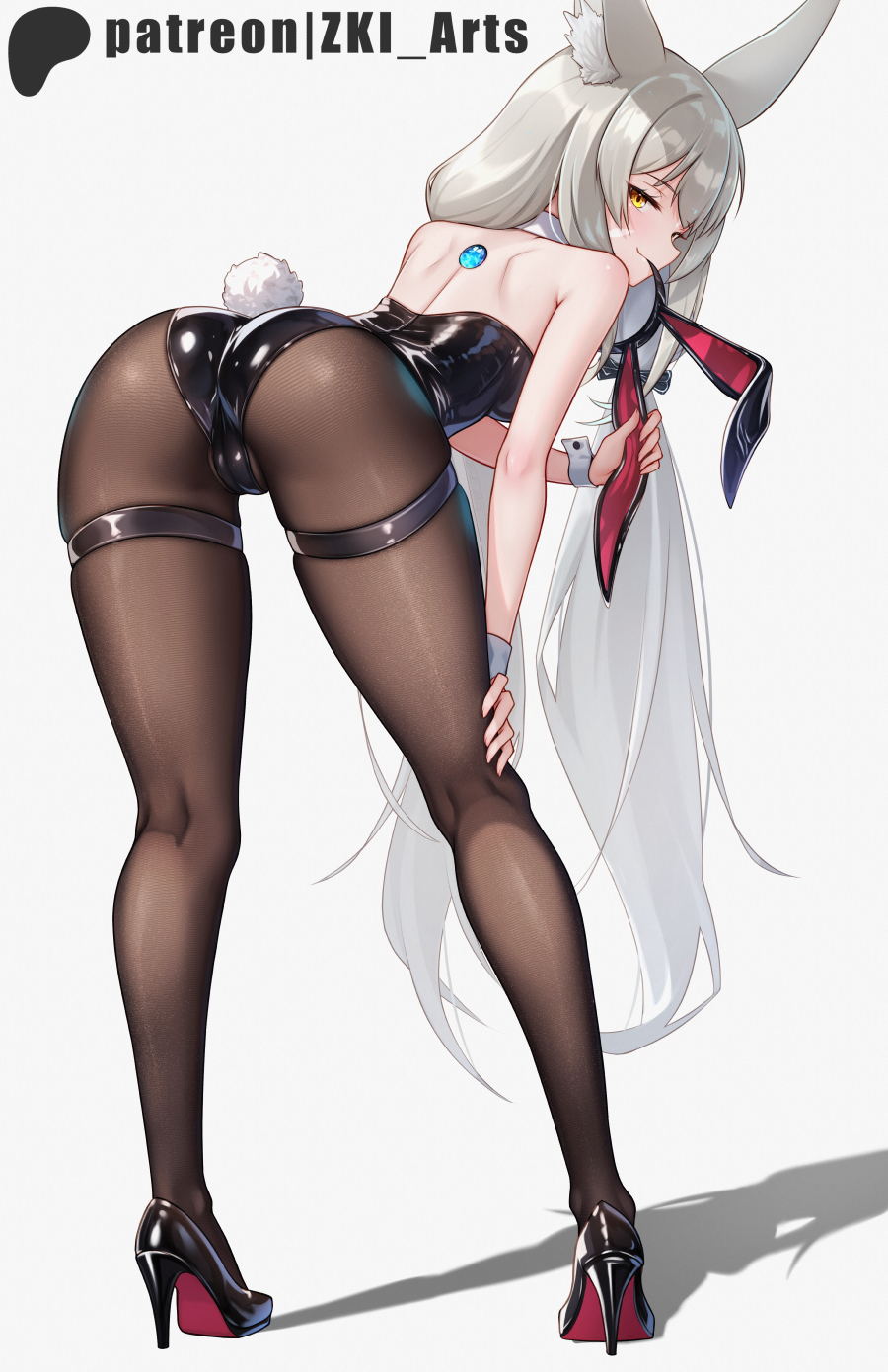 1girls, ass, ass focus, bent over, black legwear, black leotard, black stockings, bubble ass, bubble butt, bunny ears, bunnysuit, cat ears, cat girl, catgirl, fat ass, female, female only, hand on leg, hand on thigh, high heels, highres, large penis, latex, legwear, leotard, long hair, looking at viewer, looking back, louboutin (shoes), male, naughty face, nia, nia (blade), nia (xenoblade), nintendo, penis, seductive, seductive pose, silver hair, stockings, thick ass, thick thighs, thighs, very long hair, xenoblade (series), xenoblade chronicles 2, z-ki
