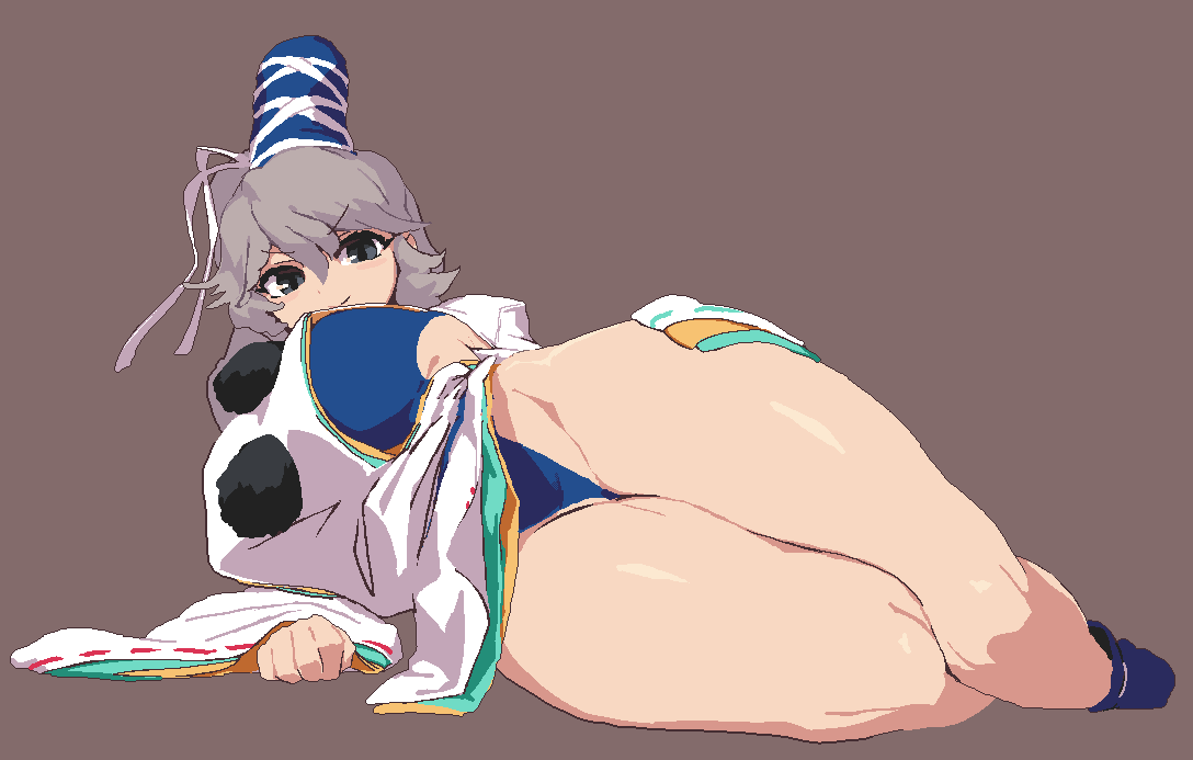 1girls gray_hair grey_hair large_breasts laying_down mononobe_no_futo namako_(takorin) namako_daibakuhatsu no_sex pixel_art posing posing_for_the_viewer takorin thick_thighs touhou