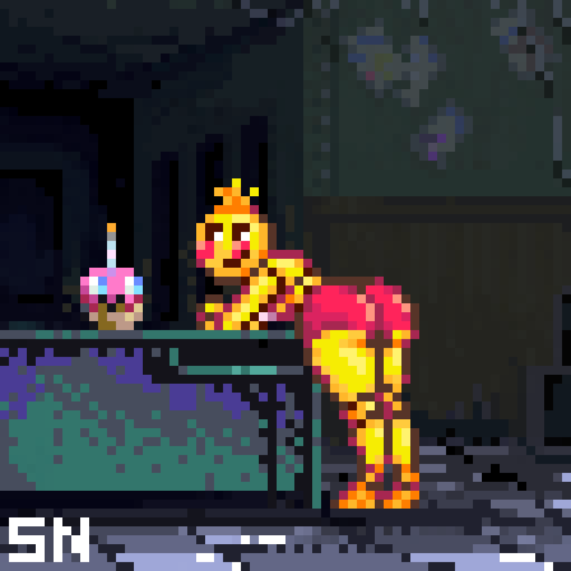 cupcake_(fnaf) five_nights_at_freddy's five_nights_at_freddy's_2 fnaf fnaf_2 leaning_forward leaning_on_table looking_back office office_desk pixel_(artwork) pixel_art pixelated shadowy_neomaniac tiled_floor toy toy_chica_(fnaf)