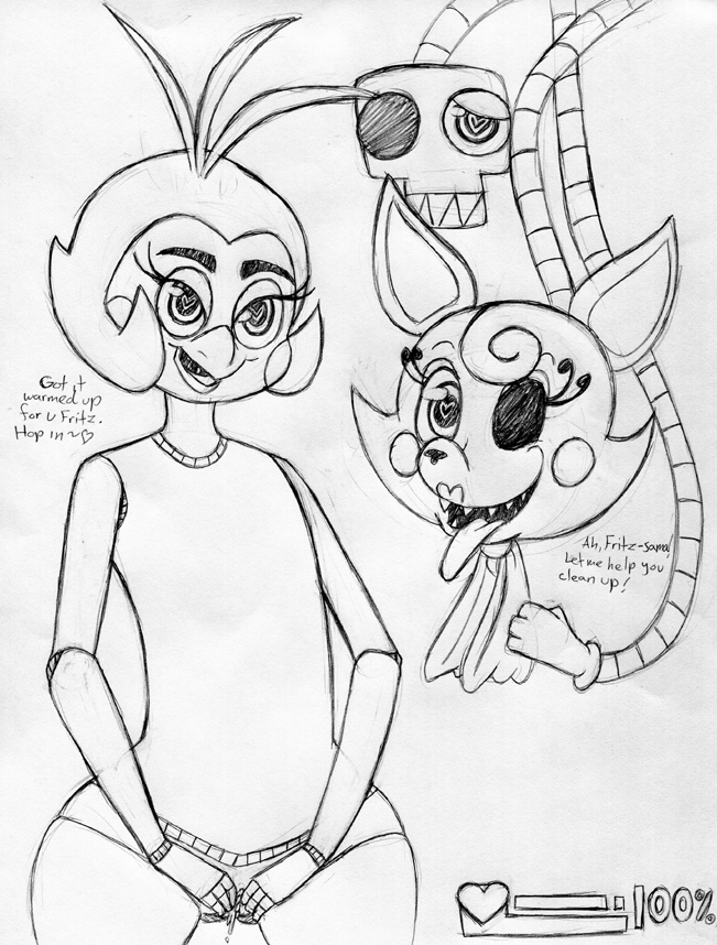 animatronic anthro avian bird canine chicken duo english_text female five_nights_at_freddy's five_nights_at_freddy's_2 fox fritz_smith_(fnaf) heart heart-shaped_pupils inkyfrog inviting lipstick looking_at_viewer machine mammal mangle_(fnaf) meter mind_control multi_head pussy robot sharp_teeth smile spreading symbol-shaped_pupils teeth text tongue tongue_out toy_chica_(fnaf)