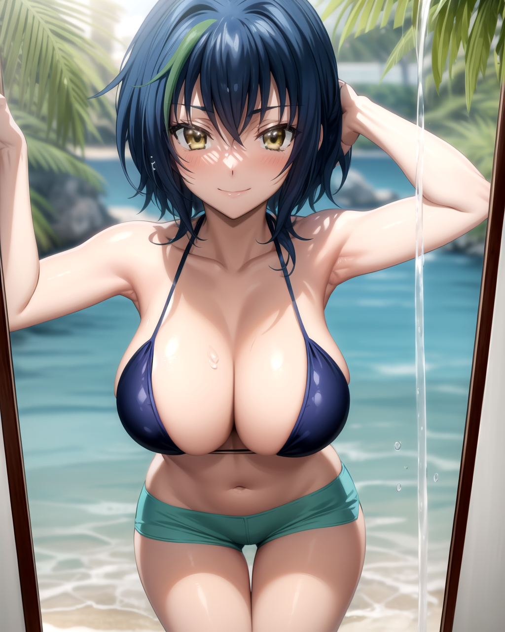 1girl ai_generated arm_up armpits arms_up bare_arms bare_shoulders beach bikini bikini_shorts bikini_top_only black_hair blue_bikini blue_bikini_top blue_hair blue_shorts blurry blurry_background blush breasts cleavage closed_mouth collarbone cowboy_shot day female green_hair hair_between_eyes hair_intakes halterneck hand_in_own_hair high_school_dxd large_breasts leaning_forward looking_at_viewer micro_shorts multicolored_hair navel ocean outdoors palm_tree pixiv rena_aikawa_(pixiv_user) shore short_hair short_shorts shorts skindentation sky smile solo stable_diffusion standing stomach streaked_hair swimsuit tagme teal_shorts thigh_gap thighs tree two-tone_hair v-shaped_eyebrows water water_drop wet wet_hair xenovia_quarta yellow_eyes