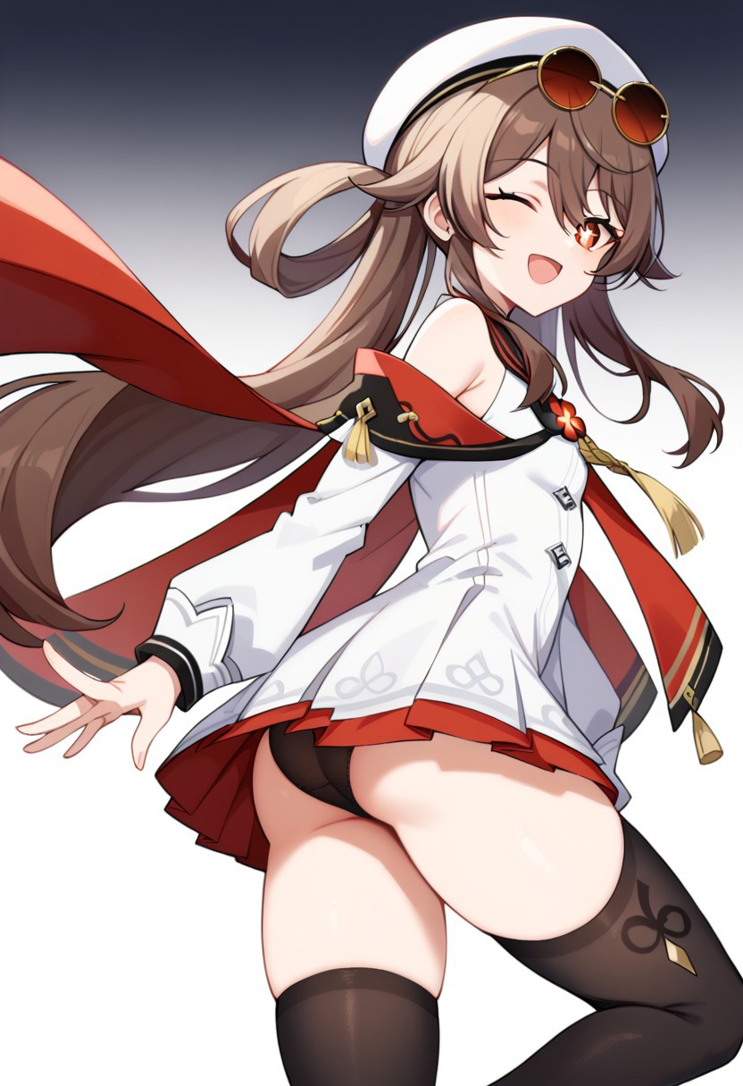 ai_generated alternate_costume ass ass_focus bare_shoulders blush brown_eyes brown_hair dress female from_behind from_below genshin_impact hat hu_tao_(cherries_snow-laden)_(genshin_impact) hu_tao_(genshin_impact) leaning leaning_forward long_hair looking_at_viewer looking_back official_alternate_costume open_mouth panties short_dress smile solo sunglasses sunglasses_on_head thighhighs twintails upskirt very_long_hair