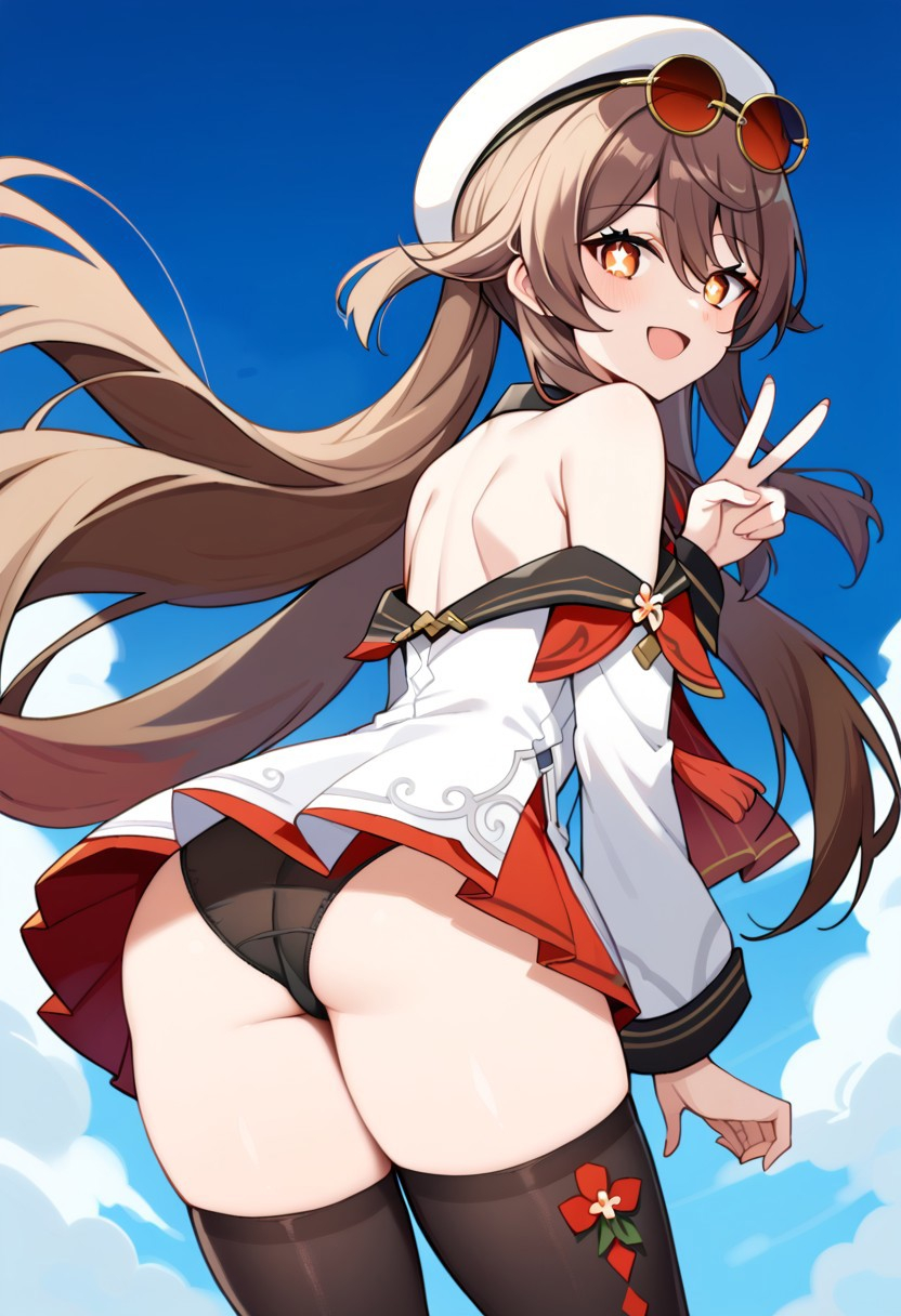 ai_generated alternate_costume ass ass_focus blush brown_eyes brown_hair dress female from_behind from_below genshin_impact hat hu_tao_(cherries_snow-laden)_(genshin_impact) hu_tao_(genshin_impact) leaning leaning_forward long_hair looking_at_viewer looking_back open_mouth panties short_dress smile solo sunglasses sunglasses_on_head thighhighs twintails upskirt very_long_hair