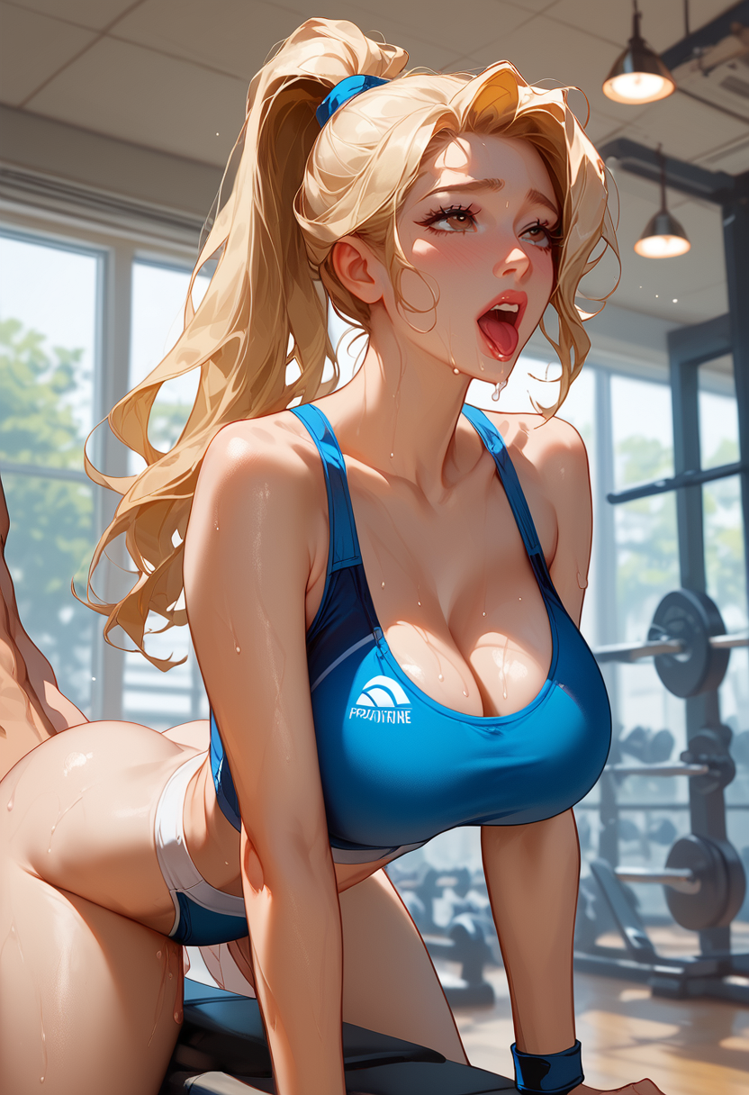 ai_assisted ai_generated blonde_hair blue_eyes female gym large_breasts workout_clothes