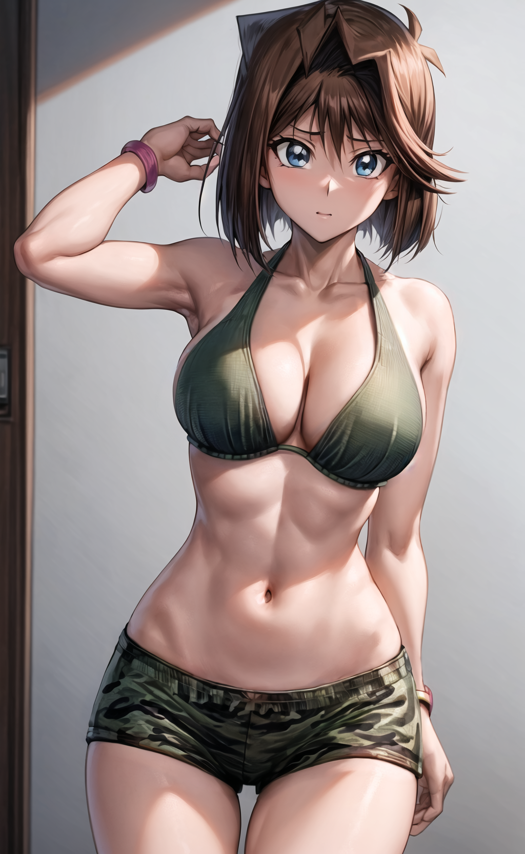 1girl abs ai_generated arm_at_side arm_up armpits ass_visible_through_thighs bare_arms bare_shoulders bikini bikini_shorts bikini_top_only blue_eyes blush bow bracelet breasts brown_hair camouflage cleavage closed_mouth collarbone cowboy_shot female frown green_bikini green_bra green_shorts grey_background hair_between_eyes hair_intakes hairbow halterneck hand_in_own_hair hand_up indoors jewelry large_breasts linea_alba looking_at_viewer mazaki_anzu medium_hair midriff navel pixiv rena_aikawa_(pixiv_user) short_hair short_shorts shorts solo stable_diffusion standing stomach swimsuit tagme tea_gardner thigh_gap thighs toned v-shaped_eyebrows wristband yu-gi-oh! yu-gi-oh!_duel_monsters yu-gi-oh!_the_dark_side_of_dimensions