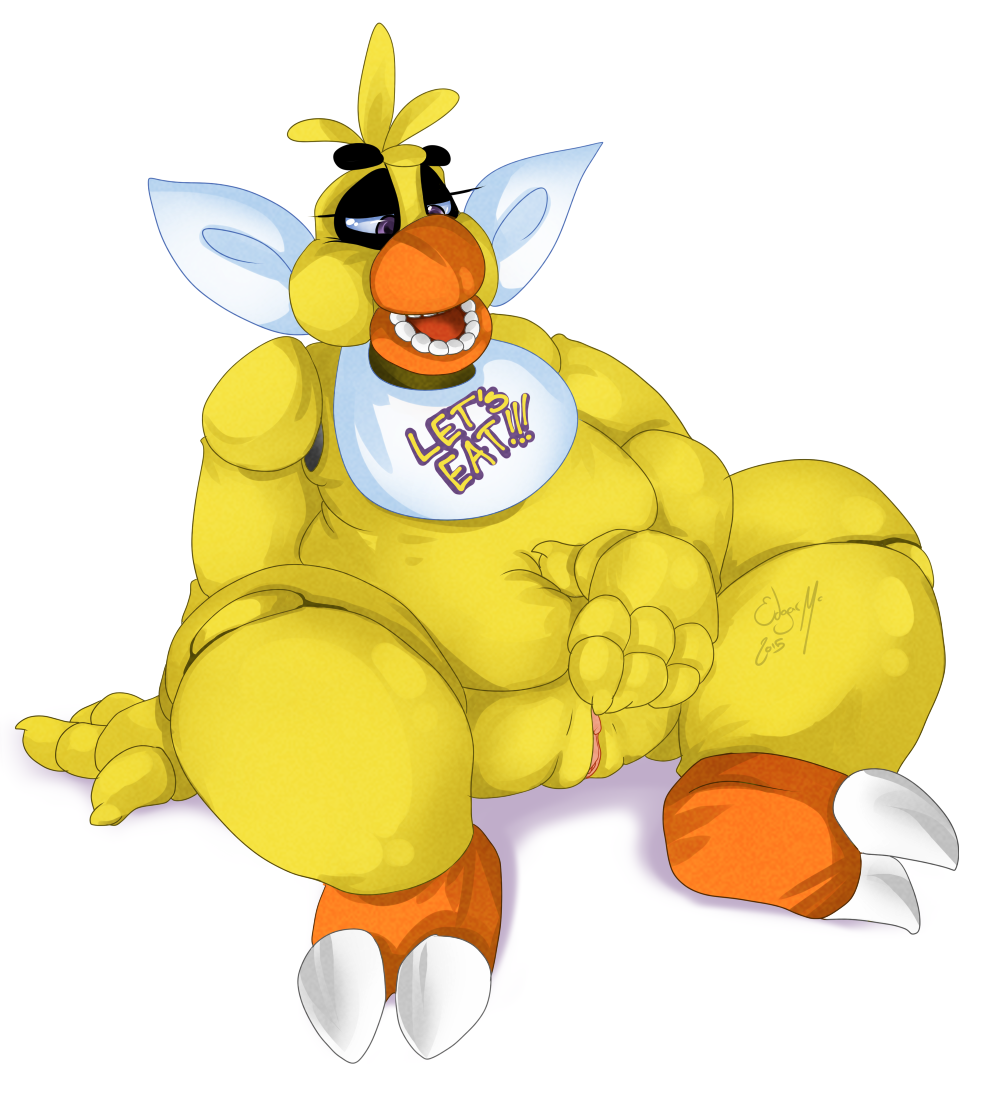 ! animatronic anthro avian barefoot beak bib bird chica_(fnaf) chicken claws english_text feathers female five_nights_at_freddy's fronnie frots half-closed_eyes machine nude open_mouth overweight pussy robot sitting solo spread_legs spreading teeth text thick_thighs toe_claws video_games