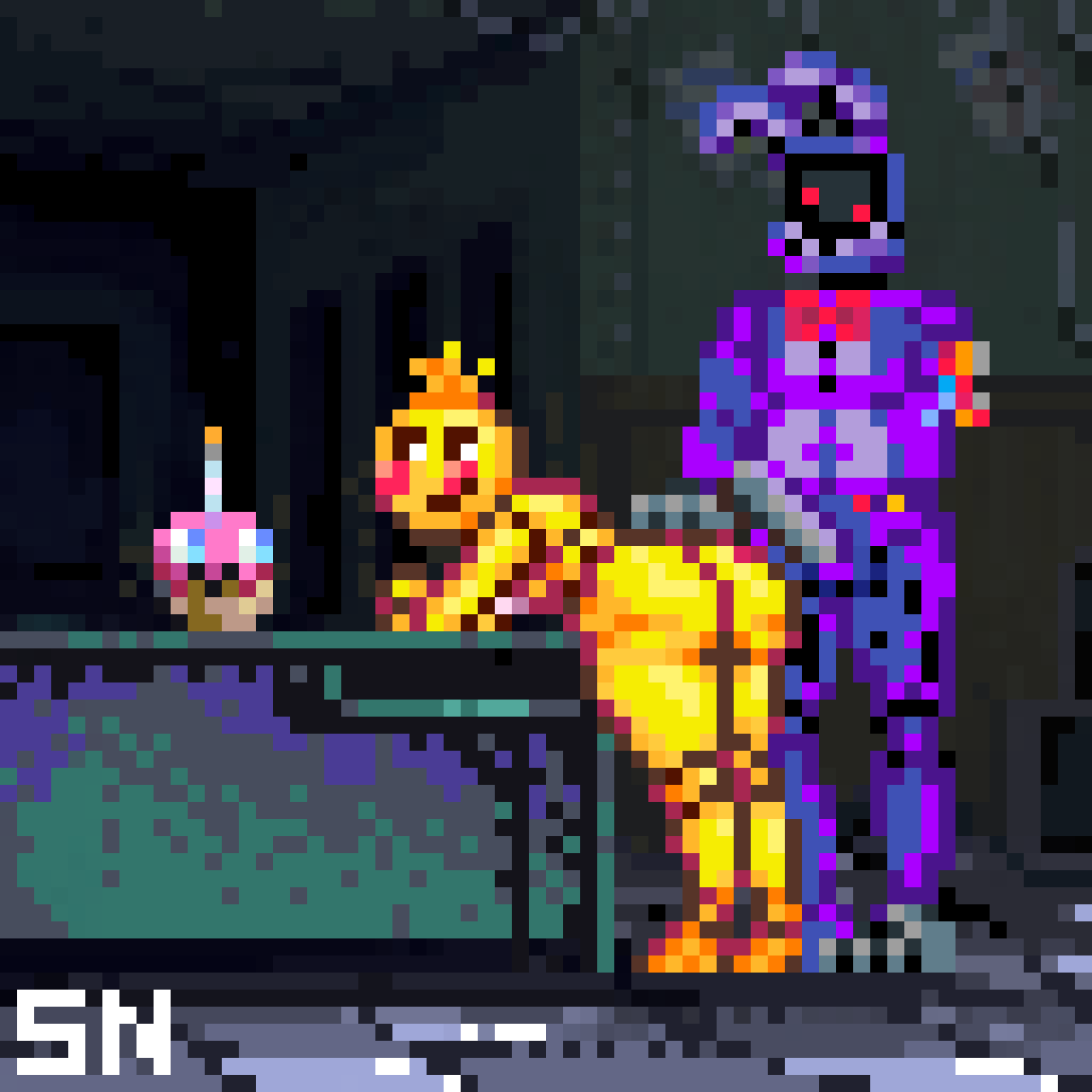 ass bonnie_(fnaf) cupcake_(fnaf) erect erect_penis erection five_nights_at_freddy's five_nights_at_freddy's_2 fnaf fnaf_2 gray_penis leaning_forward leaning_on_table looking_back office office_desk pixel_(artwork) pixel_art pixelated plump_ass presenting presenting_hindquarters purple_balls purple_body purple_fur shadowy_neomaniac thick_ass tiled_floor touching_ass toy_chica_(fnaf) withered_bonnie yellow_ass yellow_body yellow_fur