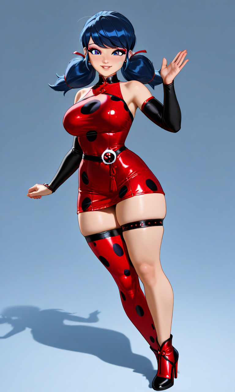 1girls ai_generated bare_legs bare_shoulders blue_eyes blue_hair disney disney_channel dress eyebrows eyelashes eyeliner eyeshadow ladybug_(character) large_ass large_breasts looking_at_viewer marinette_cheng marinette_dupain-cheng miraculous:_tales_of_ladybug_and_cat_noir miraculous_ladybug shadow smiling solo solo_female solo_focus standing stiletto_heels stockings thick_thighs twintails waifufamily waving