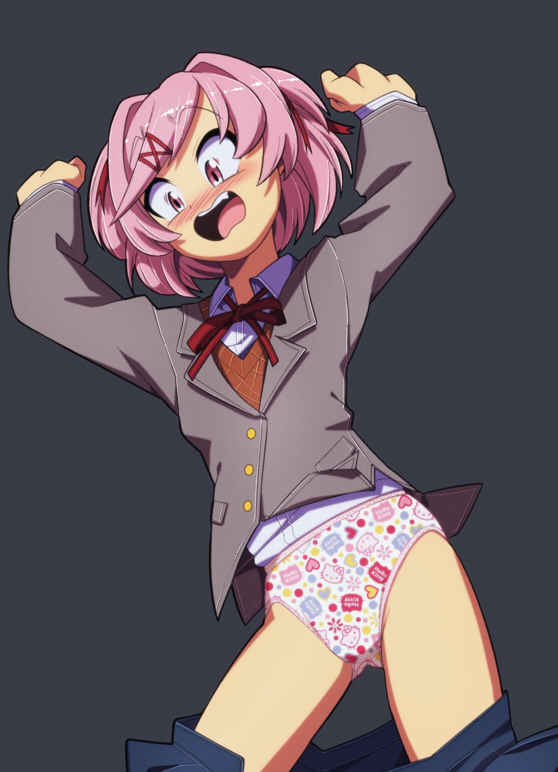 1female 1girls blue_skirt childish_panties doki_doki_literature_club euf-dreamer female mouth_open natsuki_(doki_doki_literature_club) open_mouth panties pink_eyes pink_hair skirt skirt_down