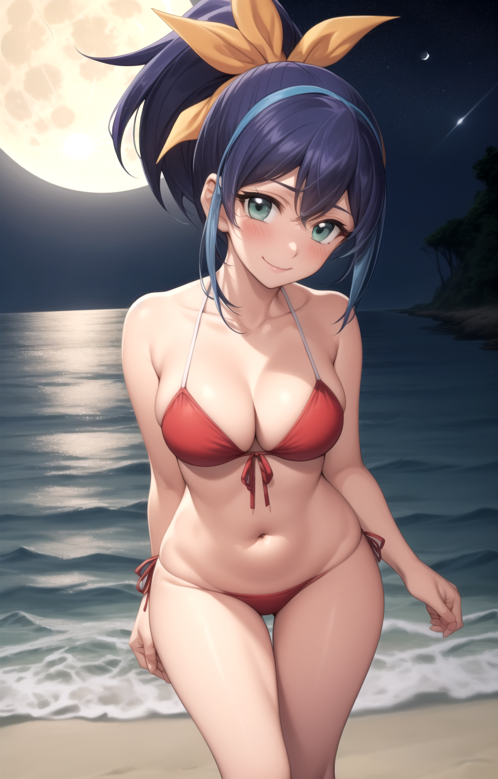 1girl ai_generated ass_visible_through_thighs bare_arms bare_shoulders beach bikini blue_hair blush bow bow_hairband breasts cleavage closed_mouth collarbone cowboy_shot female front-tie_bikini_top front-tie_top full_moon green_eyes groin hair_between_eyes hair_ribbon hairband hairbow halterneck head_tilt high_ponytail horizon huge_moon large_breasts long_hair looking_at_viewer medium_breasts medium_hair moon moonlight multicolored_hair navel night night_sky ocean outdoors pixiv ponytail red_bikini rena_aikawa_(pixiv_user) ribbon sand serena_(yu-gi-oh!_arc-v) shore side-tie_bikini_bottom sidelocks skindentation sky smile solo stable_diffusion standing star_(sky) starry_sky stomach streaked_hair string_bikini swimsuit tagme thigh_gap thighs two-tone_hair water yellow_ribbon yu-gi-oh! yu-gi-oh!_arc-v